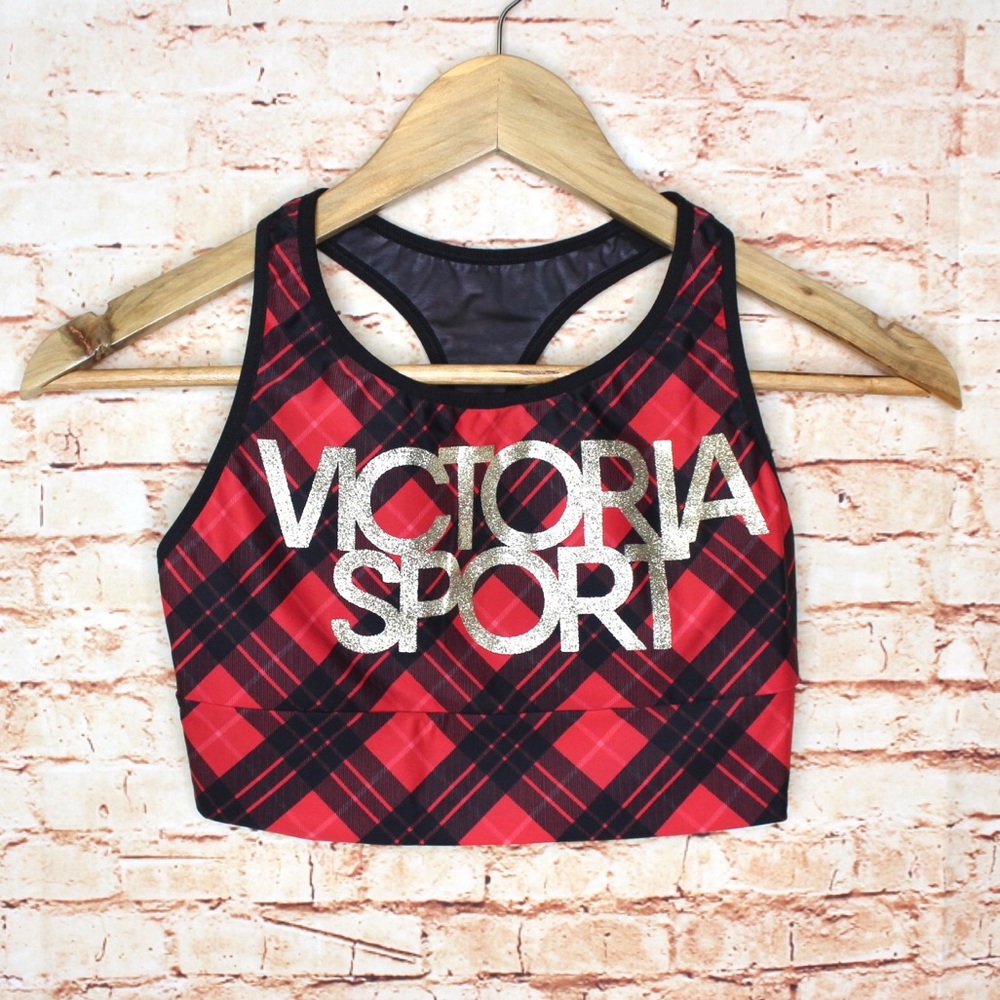 Victoria Sport | Glitter Logo Red Argyle Sports Bra
